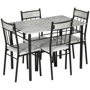 Altro Set Tavolo E Sedie 5pz, Tavolo Da Pranzo Rettangolare In Metallo E Mdf E 4 Sedie Da Pranzo Grigio E Nero