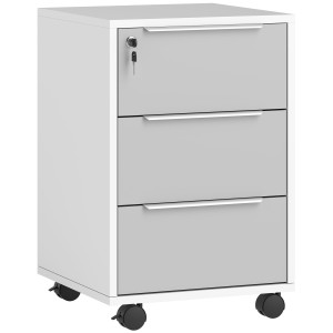 Altro Schedario Per Ufficio A 3 Cassetti Con Chiavi Di Sicurezza E 4 Ruote, In Legno, 40x40x63.5 Cm, Bianco E Grigio