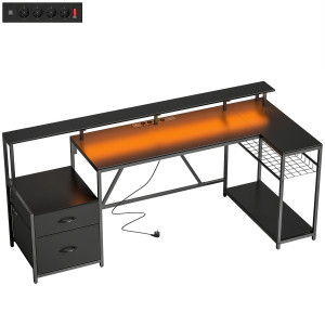 Altro Scrivania Gaming Angolare Con Hub Di Ricarica, Luci Led E Supporto Monitor, In Legno E Acciaio, 192.5x80x86.5 Cm, Nero