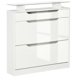Altro Scarpiera Moderna Con 2 Cassetti Per 16 Scarpe, Scarpiera A Ribalta Con Mensola Regolabile E Ripiano In Vetro, 89x23x96cm, Bianco Lucido