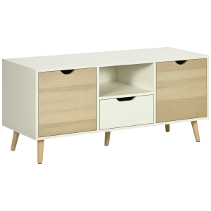 Altro Mobile Tv Moderno Max 50" In Truciolato Con Cassetti, Ripiani Aperti E Armadietti, 110x40x50 Cm, Bianco E Colore Legno