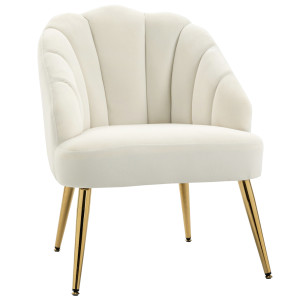 Altro Poltrona In Velluto Imbottita Con Schienale A Conchiglia E Gambe In Acciaio Per Camera E Salotto, 63x65x84cm, Crema