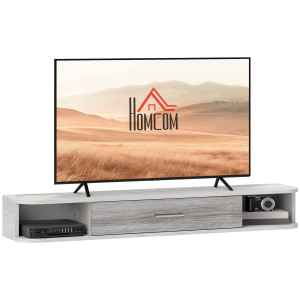 Altro Mobile Tv Sospeso In Legno Con 2 Ripiani Aperti E Armadietto, 120x26x16 Cm, Bianco E Grigio