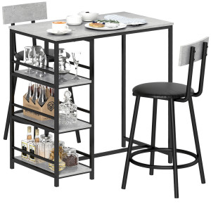 Altro Set Da Pranzo 3 Pezzi Con Bancone Bar Con Ripiani E 2 Sedie Alte Con Schienale, Grigio Chiaro