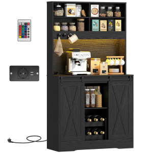 Altro Credenza Da Cucina Alta Stile Rustico Con 2 Armadietti, Portabottiglie, Prese Di Ricarica E Luci Led, Nero