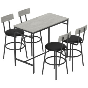 Altro Set Tavolo Alto E 4 Sgabelli Da Bar Con Schienale E Poggiapiedi In Stile Industriale, Grigio Cemento