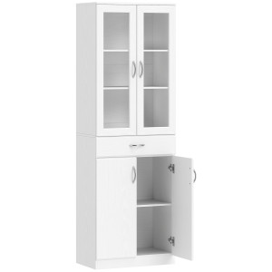 Altro Credenza Cucina Con 2 Armadietti E Un Cassetto, Mensole Regolabili E Ante In Vetro, 60x35x180 Cm, Bianco