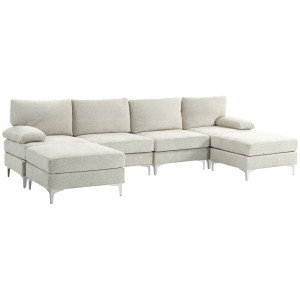 Altro Divano Componibile 4 Pezzi Con Poggiapiedi E Cuscini, In Tessuto Effetto Ciniglia, 313x149x88 Cm, Bianco Crema