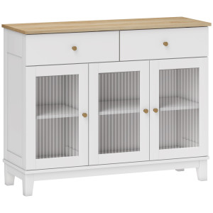 Altro Credenza Cucina Con 2 Cassetti E 2 Armadietti Con Ante In Vetro, In Legno, 100x35x80.3 Cm, Bianco E Rovere