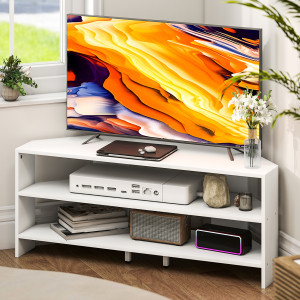Altro Mobile Tv Ad Angolo Per 47" Max Con 2 Ripiani Aperti, In Legno, 110x36x45 Cm, Bianco