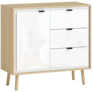 Altro Credenza Moderna Con 3 Cassetti E Armadietto, Ripiano Interno Regolabile E Ante Lucide, Bianco E Rovere