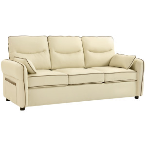 Altro Divano 3 Posti In Finta Pelle Con Imbottitura Spessa, Tasca Laterale E 2 Cuscini, 190x83x90 Cm, Beige