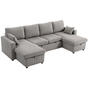 Altro Divano Letto Moderno A U Con 2 Chaise Longue E Vani Contenitore, Velluto A Coste, 282x140x86 Cm, Grigio