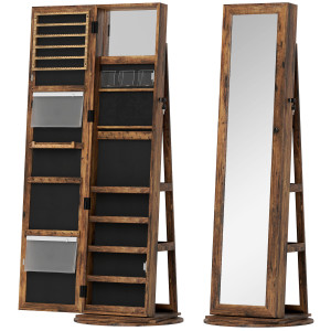 Altro Specchio Portagioie Da Terra Girevole A 360° Con Ripiani E Chiusura A Chiave, 55x55x161 Cm, Marrone Rustico