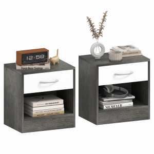 Altro Set 2 Comodini Moderni Con Ripiano Aperto E Cassetto, In Legno, 39x28x41 Cm, Bianco E Grigio Scuro