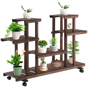 Altro Porta Piante Da Esterno, Scaffale Portafiori A 4 Livelli, Fioriera Da Esterno E Interno In Legno Con 4 Ruote, 123.5 X 33 X 80cm