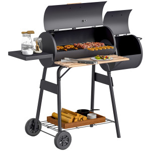 Altro Barbecue A Carbone Con Coperchio E Affumicatore, Bbq Da Giardino Con Ripiani E Ruote 124x53x104 Cm, Nero