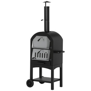 Altro Forno Per Pizza E Barbecue A Carbone Portatile In Acciaio Con Camino E Ruote, 63x54x161 Cm, Nero