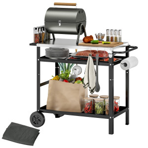 Altro Carrello Per Barbecue Con Piano In Acciaio E Ripiano Regolabile, Ruote E Ganci, 100x52x80 Cm, Nero