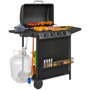 Altro Barbecue A Gas Con 4+1 Bruciatori Indipendenti E Coperchio Con Termometro, 121x54x97 Cm, Nero