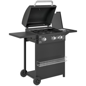 Altro Barbecue A Gas Con Bruciatori Indipendenti, Coperchio Con Termometro E Tavolino Laterale, Nero