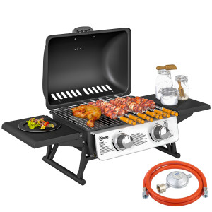 Altro Barbecue A Gas Portatile Con 2 Bruciatori E Coperchio Con Termometro, Nero