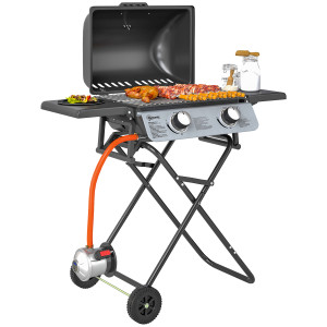 Altro Barbecue A Gas Portatile Con 2 Bruciatori E 2 Tavolini, Coperchio Con Termometro E Ruote, Nero
