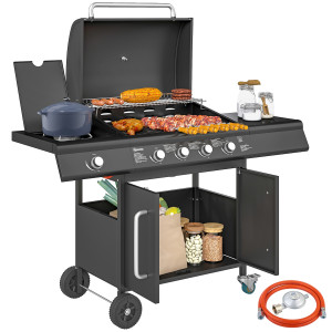 Altro Barbecue A Gas Con Fornello Laterale, Tavolino E Armadietto, In Acciaio E Pp, 129.5x56x110 Cm, Nero