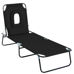 Altro Sdraio Pieghevole Reclinabile Su 4 Livelli Con Foro Per Lettura E Cuscino In Tessuto Oxford E Acciaio, 187x58x36 Cm, Nero