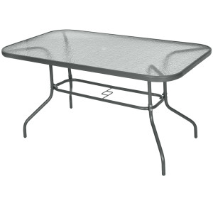 Altro Tavolo Da Giardino Con Foro Per Ombrellone, Arredamento Da Esterno In Metallo E Vetro 140x80x70cm Grigio