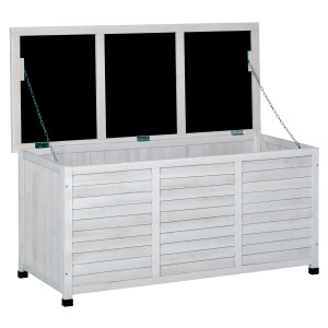 Altro Baule Da Esterno In Legno Di Abete Con Base Rialzato E Coperchio, Cassapanca Contenitore Da Esterno Impermeabile, 127x56x60 Cm, Bianco
