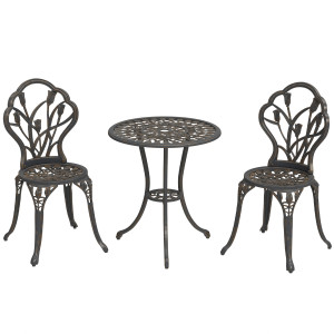 Altro Set Da Esterno 3 Pezzi Con 2 Sedie Da Giardino E Tavolo Rotondo Con Foro Per Ombrellone, Bronzo