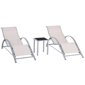Altro Set Di 2 Lettini Prendisole E Tavolino Con Piano In Vetro, 59x169x66 Cm, Crema