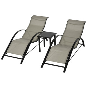 Altro Set Di 2 Lettini Prendisole E Tavolino Con Piano In Vetro, 59x169x66 Cm, Grigio