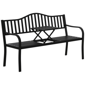 Altro Panchina Da Giardino 3 Posti A Doghe Con Tavolino Sollevabile, In Metallo, 150x58.5x90 Cm, Nero