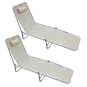 Altro Set 2 Lettini Prendisole Pieghevoli Con Schienale Reclinabile A 4 Livelli, Metallo E Tessuto A Rete, Beige