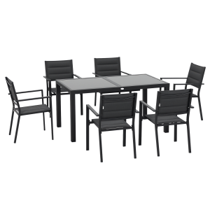 Altro Set Da Giardino Con Tavolo Allungabile In Vetro E 6 Sedie Con Seduta Traspirante, Grigio Scuro
