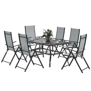 Altro Set Da Giardino 7 Pezzi Con Tavolo Da Pranzo Con Foro Per Ombrellone E 6 Sedie Pieghevoli, Grigio