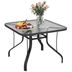 Altro Tavolo Da Giardino Quadrato A 4 Posti Con Piano In Vetro E Foro Per Ombrellone Ø43 Mm, Nero