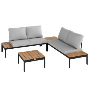 Altro Set Da Giardino 4 Pezzi Con 2 Divanetti 2 Posti E 2 Tavolini In Metallo E Legno Composito, Grigio Nero E Teak