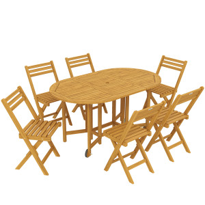 Altro Set Pranzo 7 Pezzi, Tavolo Estensibile Legno E 6 Sedie Pieghevoli Per Giardino