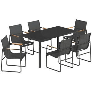 Altro Set Da Esterno 7 Pz In Acciaio Con Tavolo In Vetro Temperato E 6 Sedie Traspiranti In Texteline, Nero