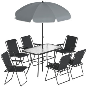 Altro Set Da Giardino 8 Pz Con Ombrellone, 6 Sedie Pieghevoli E Tavolo Da Esterno In Vetro Temperato, Nero