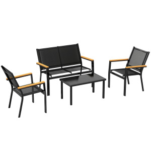 Altro Mobili Da Giardino 4pz Con Tavolino Da Caffè In Vetro Temperato E 3 Sedute In Tessuto Teslin, Nero