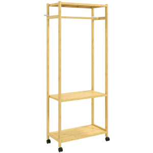 Altro Stand Appendiabiti Da Terra Con Barra, Ripiani E 4 Ruote In Bambù, 70x35x175 Cm, Legno Naturale