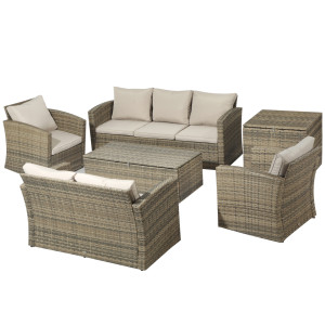 Altro Set Da Giardino 6 Pezzi In Rattan Con Divani, Poltrone E Tavoli Contenitore, Beige