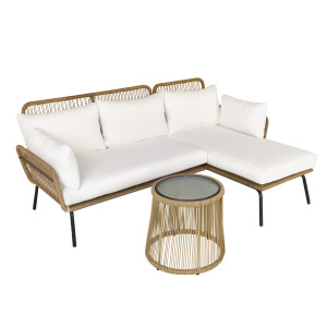Altro Set Da Giardino In Rattan Stile Boho Chic Con Divano Angolare E E Tavolino, Crema E Caffè