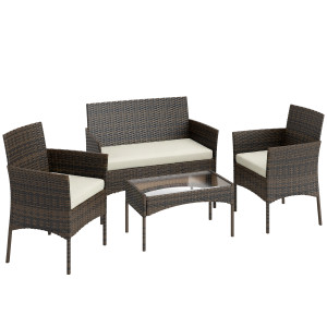 Altro Set Da Giardino 4 Pezzi Con Divano 2 Posti, 2 Sedie E Tavolino Basso, In Rattan E Acciaio, Beige E Marrone