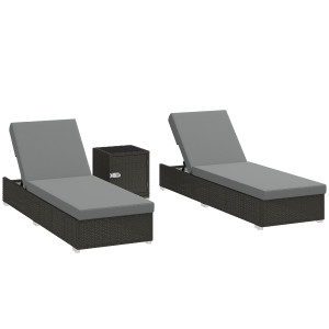 Altro Set 2 Sdraio Da Giardino In Rattan Con Tavolino Laterale E Schienale Regolabile, 184x60x22 Cm, Grigio Scuro