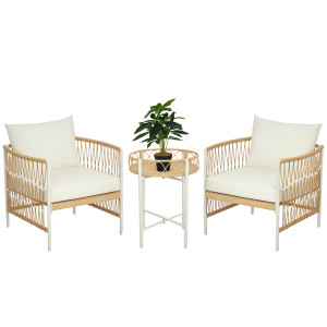 Altro Set Da Giardino Stile Boho In Rattan Con 2 Sedie Con Cuscini E Tavolino Rotondo, Giallo